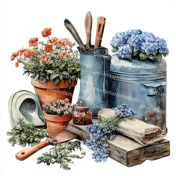 Vintage Gardening Tools Watercolor Clipart: Spring Garden Art
