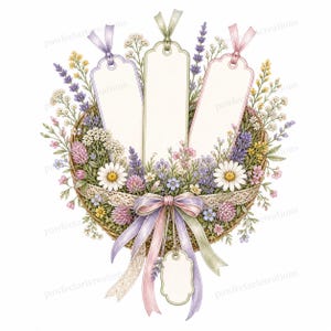May include: A watercolor illustration of a woven basket overflowing with wildflowers, including daisies, lavender, and clover. Three blank tag-shaped labels are suspended within the floral arrangement, each with a ribbon. A large bow with lavender, pink, and green ribbons adorns the front.