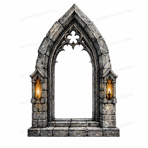 May include: A stone archway featuring a pointed gothic design with a central quatrefoil cutout. Two small alcoves on either side contain lit lanterns with warm orange flames. The structure is composed of grey, weathered stone blocks.