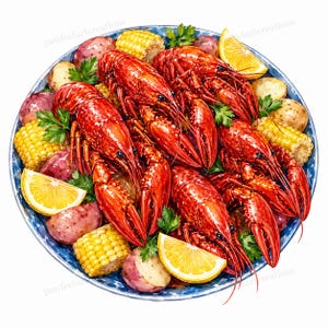 May include: A watercolor illustration of a seafood boil on a blue and white plate. The plate is filled with bright red crawfish, yellow corn on the cob, red potatoes, lemon wedges, and green parsley.
