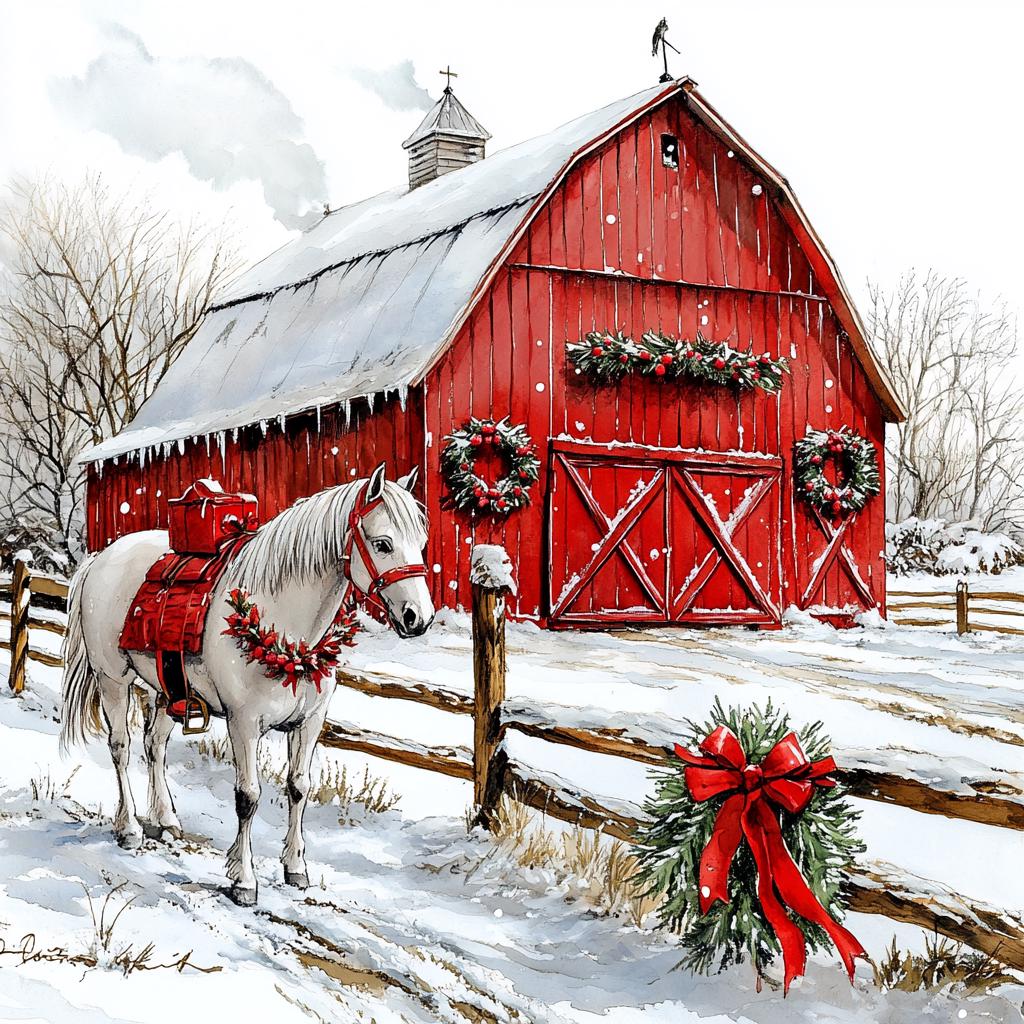Winter Red Barn With White Horse Clipart: Christmas Watercolor (JPG ...