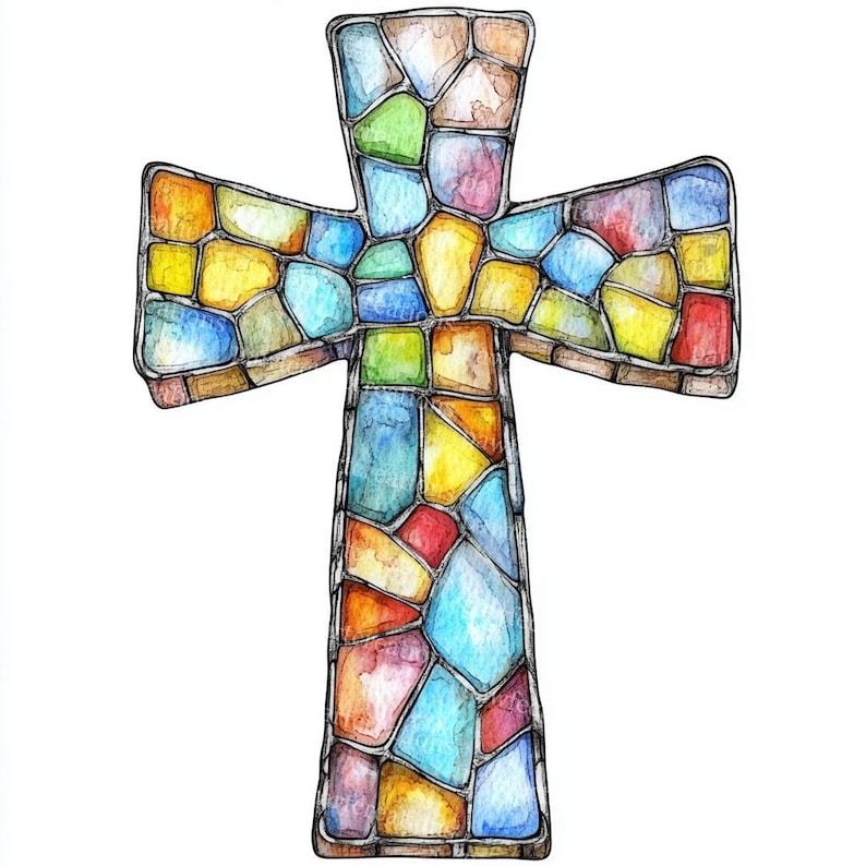 May include: Watercolor illustration of a cross with a stained-glass effect. The cross is composed of irregular shapes in various colors, including blue, yellow, green, and red, outlined in a dark brown. The background is white.