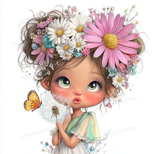May include: A digital illustration of a young girl with green eyes, rosy cheeks, and a flower crown. She holds a dandelion and is blowing a kiss. A butterfly with orange and yellow wings is nearby. The girl wears a green and white dress.