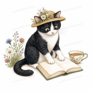 20 Cottagecore Reading Cats Clipart