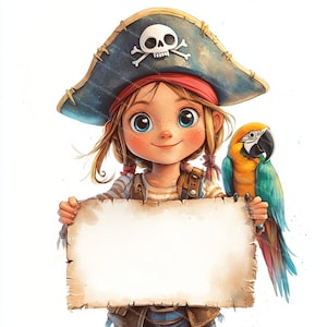 10 dibujos animados de chicas piratas, niña pirata con pancarta, pirata linda, acuarela imprimible, archivos JPG de alta calidad, manualidades de papel, diario basura