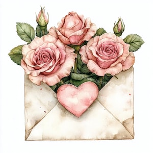 12 rose in busta Clipart, busta floreale, busta vintage, acquerello stampabile, JPG di alta qualità, carta, diario spazzatura, artigianato digitale