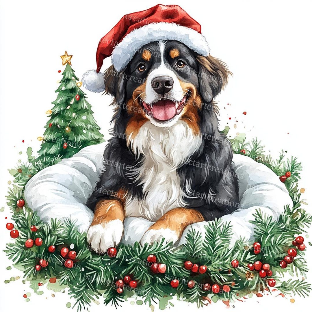 クリスマスのバーニーズ・マウンテン・ドッグの水彩画クリップアート
