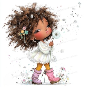 May include: A whimsical illustration of a young girl with brown curly hair, wearing a white dress and pink boots, blowing a dandelion. The girl has rosy cheeks and is adorned with flowers in her hair. Dandelion seeds float in the air, creating a playful scene.