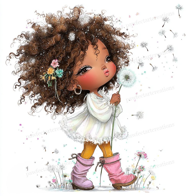 May include: A whimsical illustration of a young girl with brown curly hair, wearing a white dress and pink boots, blowing a dandelion. The girl has rosy cheeks and is adorned with flowers in her hair. Dandelion seeds float in the air, creating a playful scene.