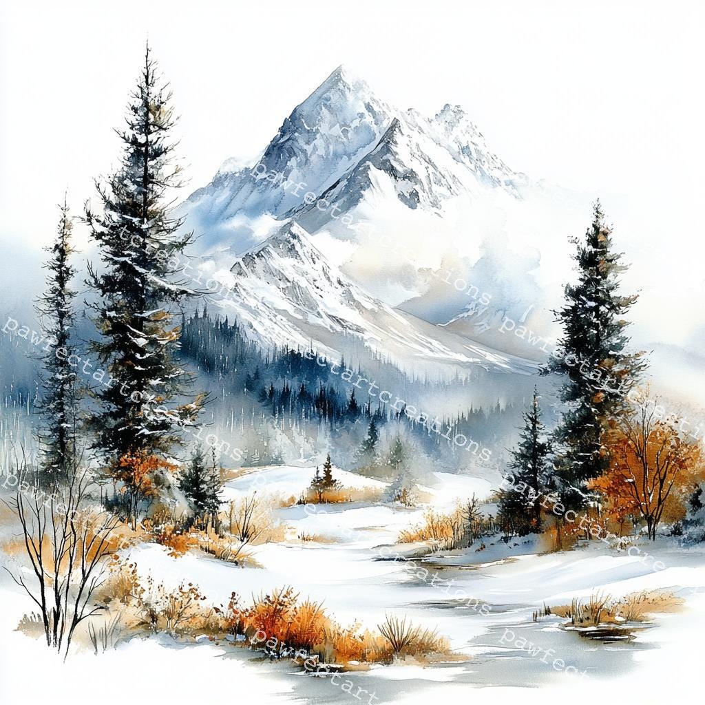 冬の山の水彩画クリップアート：雪に覆われた森のJPG（デジタル