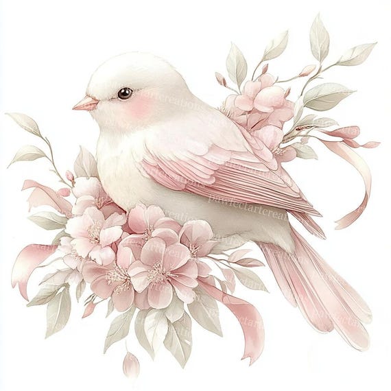 Pink Floral Bird Clipart: Watercolor Blossom Art (Digital Download)