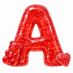 Könnte beinhalten: Ein leuchtend roter, glänzender Buchstabe A in Form eines Fruchtgummis, bedeckt mit einer funkelnden, zuckerartigen Textur. Ein kleiner roter Gummibär ist an der unteren linken Seite und ein kleines rotes herzförmiges Fruchtgummi an der rechten Seite.