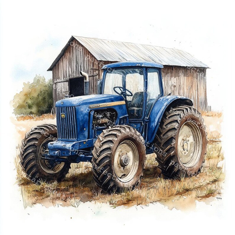 12 blue Farm Tractor Clipart, Old Tractor Clipart, Printable Watercolor, High-Quality JPGs, Papercraft, Junk Journal, Digital Craft