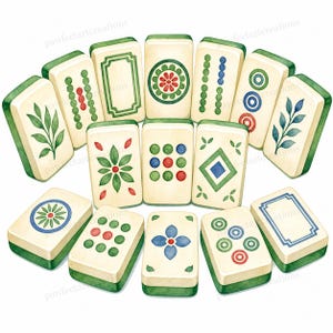May include: A collection of off-white Mahjong tiles with green edges and various colorful designs. The tiles feature floral, geometric, and dot patterns in red, green, and blue. The overall aesthetic is a watercolor style.