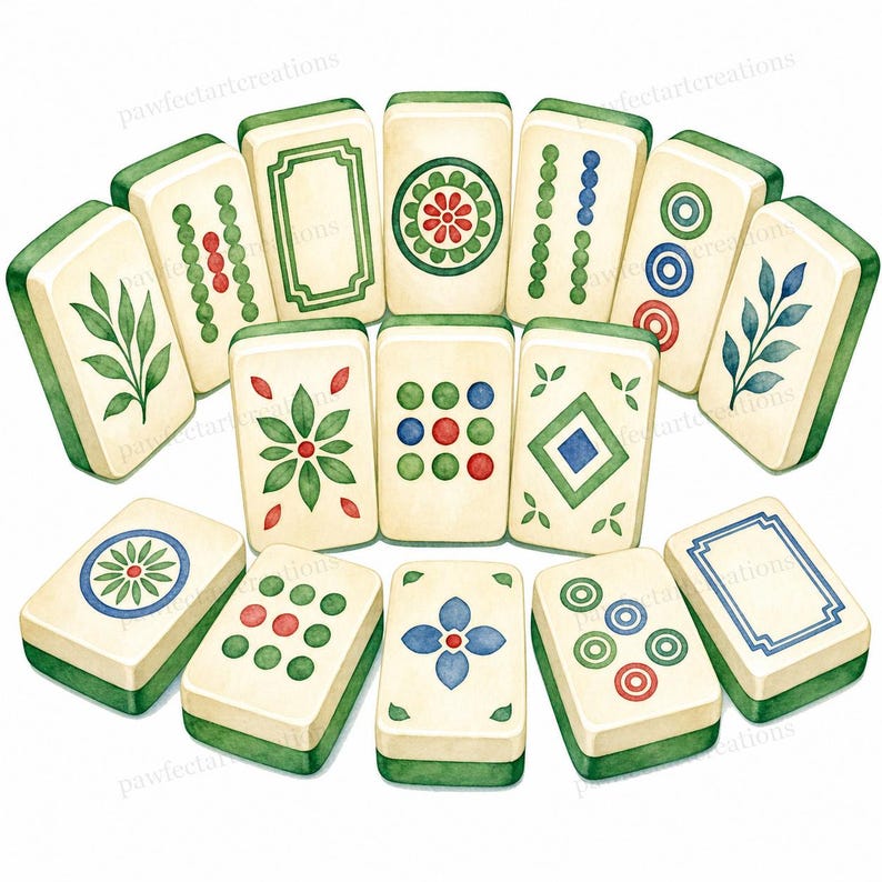 May include: A collection of off-white Mahjong tiles with green edges and various colorful designs. The tiles feature floral, geometric, and dot patterns in red, green, and blue. The overall aesthetic is a watercolor style.