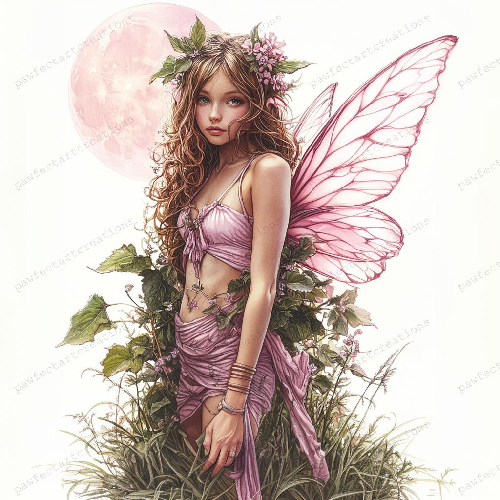 森の妖精のクリップアート：ピンクの蝶の羽、水彩画（デジタル