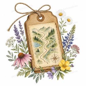May include: A brown rectangular paper tag with a jute string bow, featuring a watercolor illustration of a mountain landscape map with a dotted trail and compass rose, surrounded by purple lavender, pink coneflowers, and white daisies.