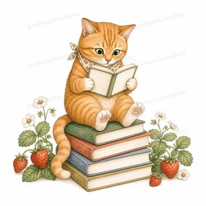 20 Cottagecore Reading Cats Clipart