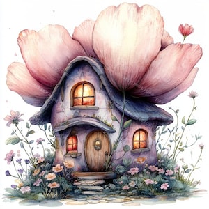 14 imágenes prediseñadas de casas de hadas extravagantes, acogedoras casas de hadas, varias cabañas de hadas, acuarela imprimible, archivos JPG de alta calidad, manualidades de papel, diario basura