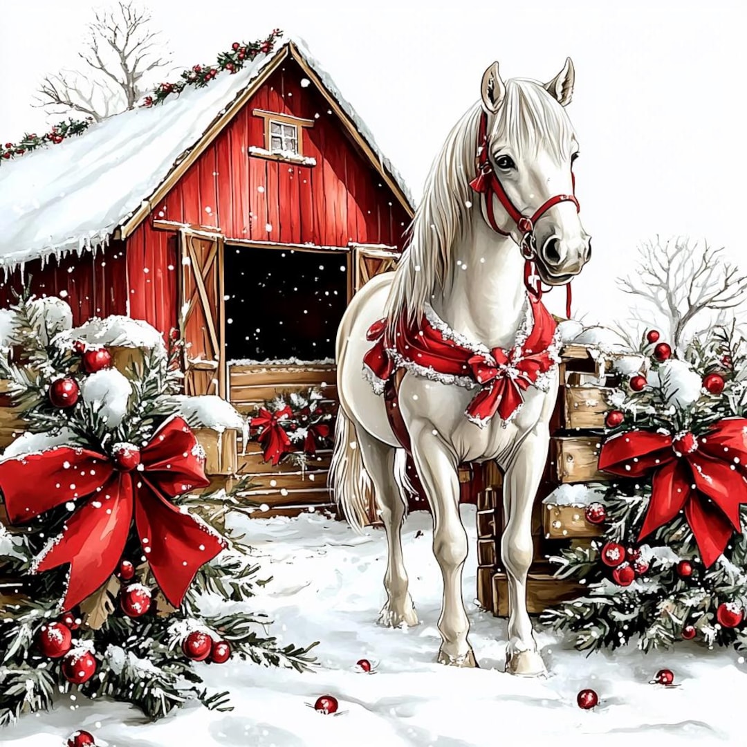 Winter Red Barn With White Horse Clipart: Christmas Watercolor (JPG ...