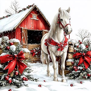 12 imágenes prediseñadas de granero rojo de invierno con un caballo blanco, decoración navideña, acuarela imprimible, archivos JPG de alta calidad, diario basura, manualidades digitales