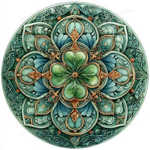 May include: Circular decorative design with a detailed Celtic knot pattern. The design features a four-leaf clover at the centre, surrounded by teal, blue, and gold accents. The artwork has a watercolour effect, with intricate details and a symmetrical arrangement.