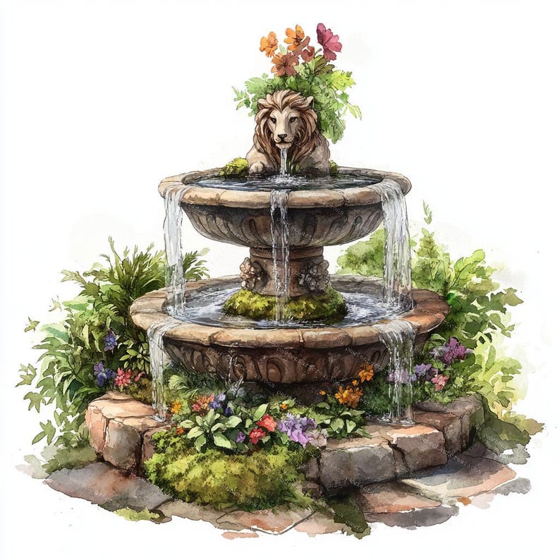 12 Garden Fountains Clipart, Floral Fountain, Floral Garden, Printable Watercolor, High-Quality JPGs, Papercraft, Junk Journal,Digital Craft