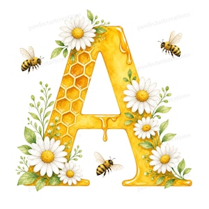 Peut inclure: Illustration à l'aquarelle de la lettre "A" en forme de miel, ornée de marguerites, de feuilles vertes et d'abeilles. La lettre présente un motif en nid d'abeille et des coulées de miel. Le texte "pawfectartercreations" est présent.