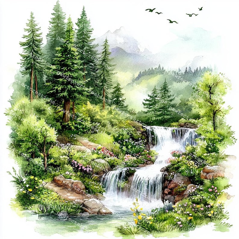 22 Forest Landscape Clipart, Greenery Landscape, Nature Clipart, Printable Watercolor, High-Quality JPGs, Junk Journal, Digital Craft