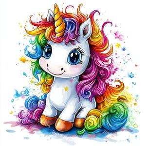 15 Quirky Rainbow Unicorn Clipart, Fantasy Unicorn, Kawaii Unicorn, Printable Watercolor, High-Quality JPGs, Papercraft, Junk Journal