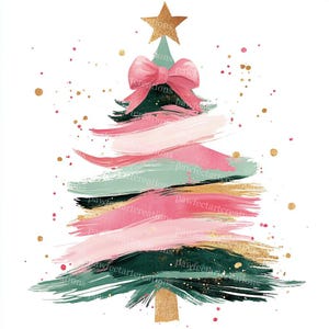 12 cliparts de sapin de Noël coloré, noeud rose coquette, aquarelle imprimable, fichiers JPG de haute qualité, créations en papier, journal indésirable, créations numériques