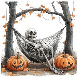 May include: A skeleton wearing a black hammock with a white spiderweb pattern, relaxing between two trees with orange pumpkins on the ground. The trees have orange leaves and the background is white.