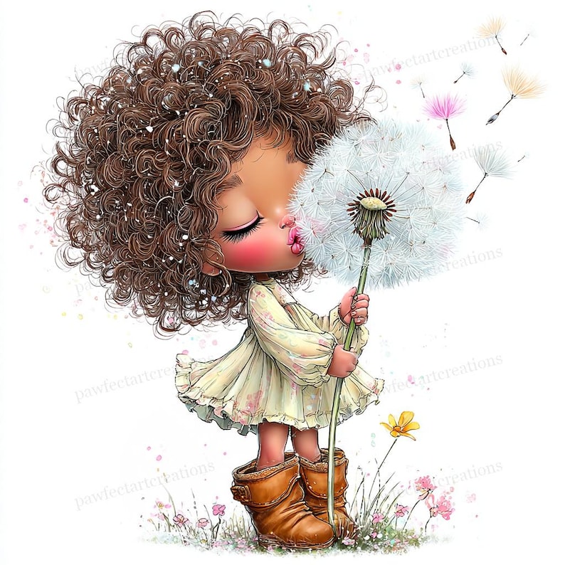 May include: A digital illustration of a young girl blowing on a dandelion. The girl has brown curly hair, rosy cheeks, and is wearing a light yellow dress and brown boots. Dandelion seeds are floating away. The background is white with small flowers.
