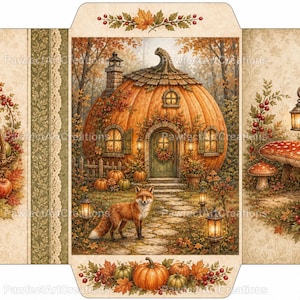 May include: A flat envelope template featuring an autumn theme with a pumpkin-shaped house, a fox, a basket of red apples, and mushrooms. The design includes warm orange, brown, and green tones with decorative borders and the text PawfectArtCreations.