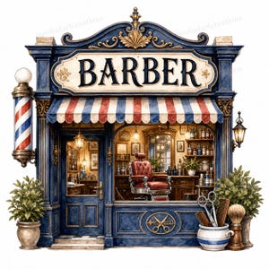 Może przedstawiać: Akwarelowa ilustracja zabytkowego zakładu fryzjerskiego z niebieską fasadą, czerwono-białym paskowanym markizem i napisem "BARBER". Widoczny jest słupek fryzjerski, czerwony skórzany fotel i narzędzia do pielęgnacji.