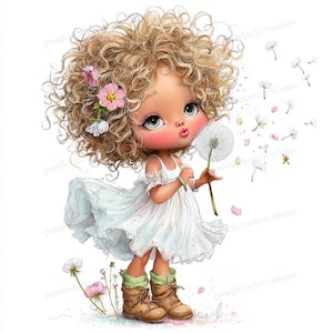 May include: A digital illustration of a young girl with curly blonde hair, blowing a dandelion. She wears a white dress, brown boots, and has pink flowers in her hair. Dandelion seeds float in the air. The image has a soft, whimsical style.