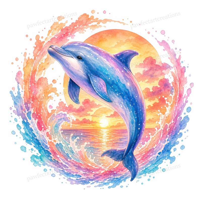 25 Sunset Dolphin Clipart, Cute Ocean Watercolor Art, Tropical Sea Life ...