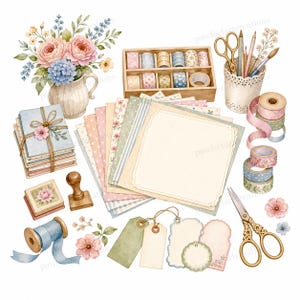 May include: A watercolour illustration featuring stationery items. It includes a floral bouquet, patterned papers, decorative tapes, scissors, pencils, and blank tags. The colour scheme is soft, with pastel shades.