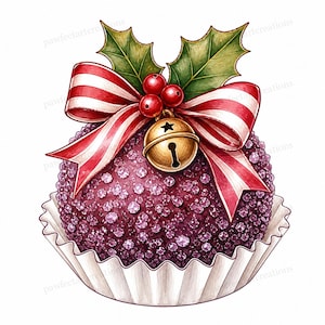 May include: A round, dark purple textured ornament sits in a white paper cupcake liner. It is topped with a red and white striped ribbon bow, three red holly berries, and a gold-coloured metal jingle bell with a star cutout on its surface.