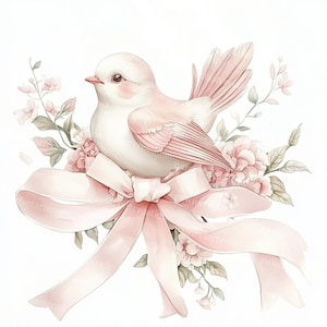 10 Bird with Pink Floral Clipart, Bird With Bow Clipart, Bird And Blossom, Printable Watercolor, High-Quality JPGs, Papercraft, Junk Journal
