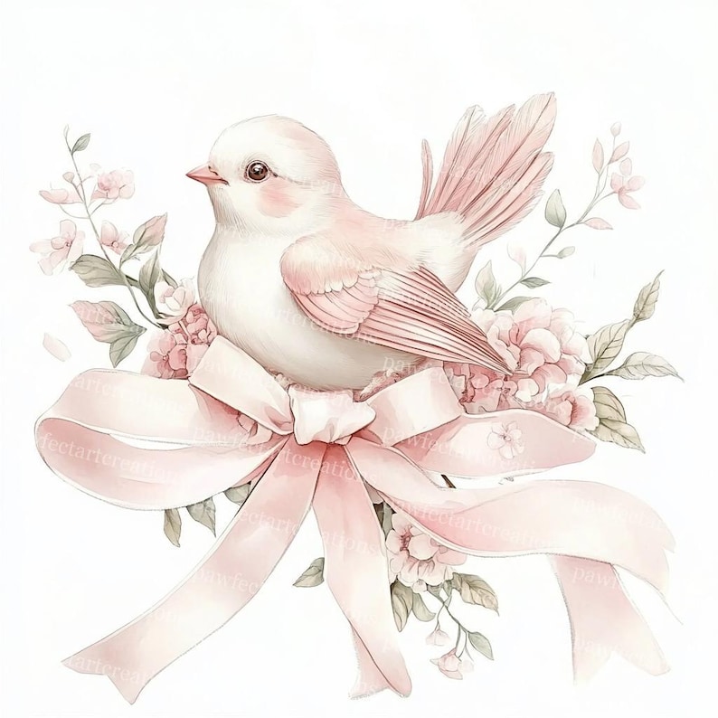 10 Bird with Pink Floral Clipart, Bird With Bow Clipart, Bird And Blossom, Printable Watercolor, High-Quality JPGs, Papercraft, Junk Journal