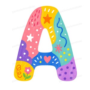 Pode incluir: Ilustração colorida da letra "A" com vários padrões e formas. A letra é dividida em secções de rosa, amarelo, azul e roxo, cada uma com designs únicos como estrelas, pontos e um coração. O texto "pawfectartecreations" repete-se na imagem.