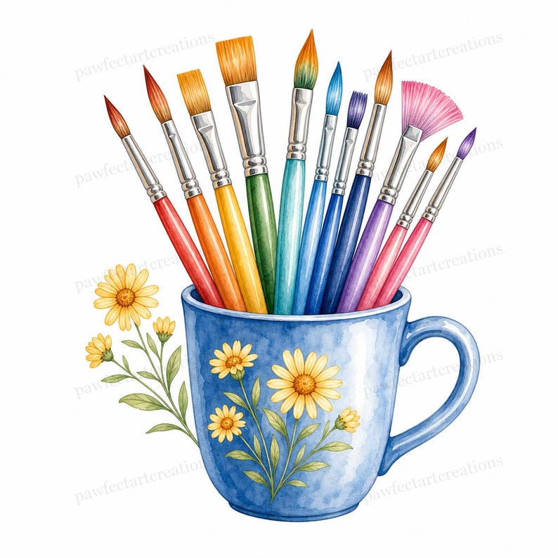 May include: Watercolor illustration of a blue mug filled with colorful paint brushes. The brushes have various handle colors and brush head shapes. Yellow daisies and green leaves decorate the mug.
