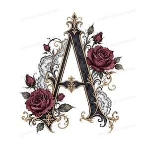 May include: An ornate letter "A" in black with gold filigree and accents. The letter is adorned with burgundy roses, buds, and dark green leaves. Black lace and decorative flourishes add to the elegant design. The text "pawfectartereations" is visible.
