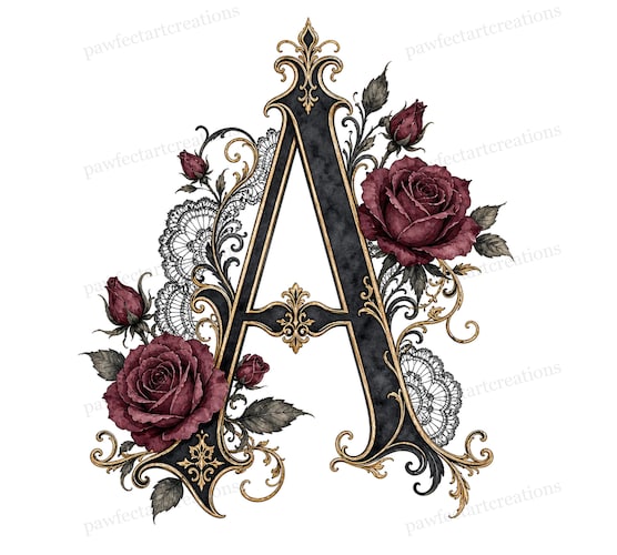 26 Gothic Victorian Rose Alphabet Clipart — Printable Watercolor JPG Letters