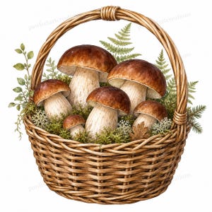 20 Mushroom Foraging Basket Clipart, Woodland Cottagecore Toadstool Harvest, Printable Watercolor JPGs, Digital Download, Commercial Use