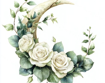 Floral Moon Clipart: Watercolor Moon Crest, Junk Journal (Digital Download)