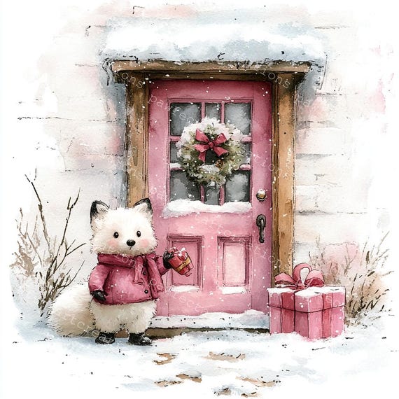 18 の心地よいクリスマスの水彩画のシーン、クリスマス カード、ピンク