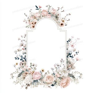 May include: A floral frame design featuring a central arch shape, surrounded by a delicate arrangement of watercolor flowers in soft pink, white, and muted green tones. The design includes roses and other floral elements.