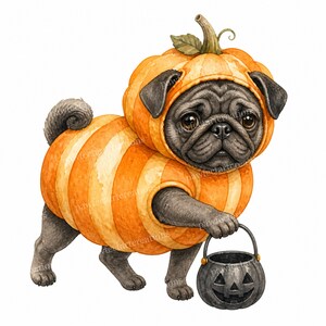 Puede incluir: Una ilustración en acuarela de un perro pug negro que lleva un disfraz de calabaza a rayas naranjas y amarillas con un tallo verde en la parte superior. El pug sostiene un pequeño cubo de dulces de plástico gris oscuro con una cara.